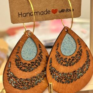 Handmade Teardrop Earrings with Blue and Brown Design